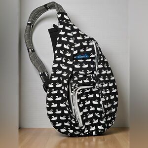 KAVU Rope Sling or Rope Bag in the "Swan Love" black and white pattern.